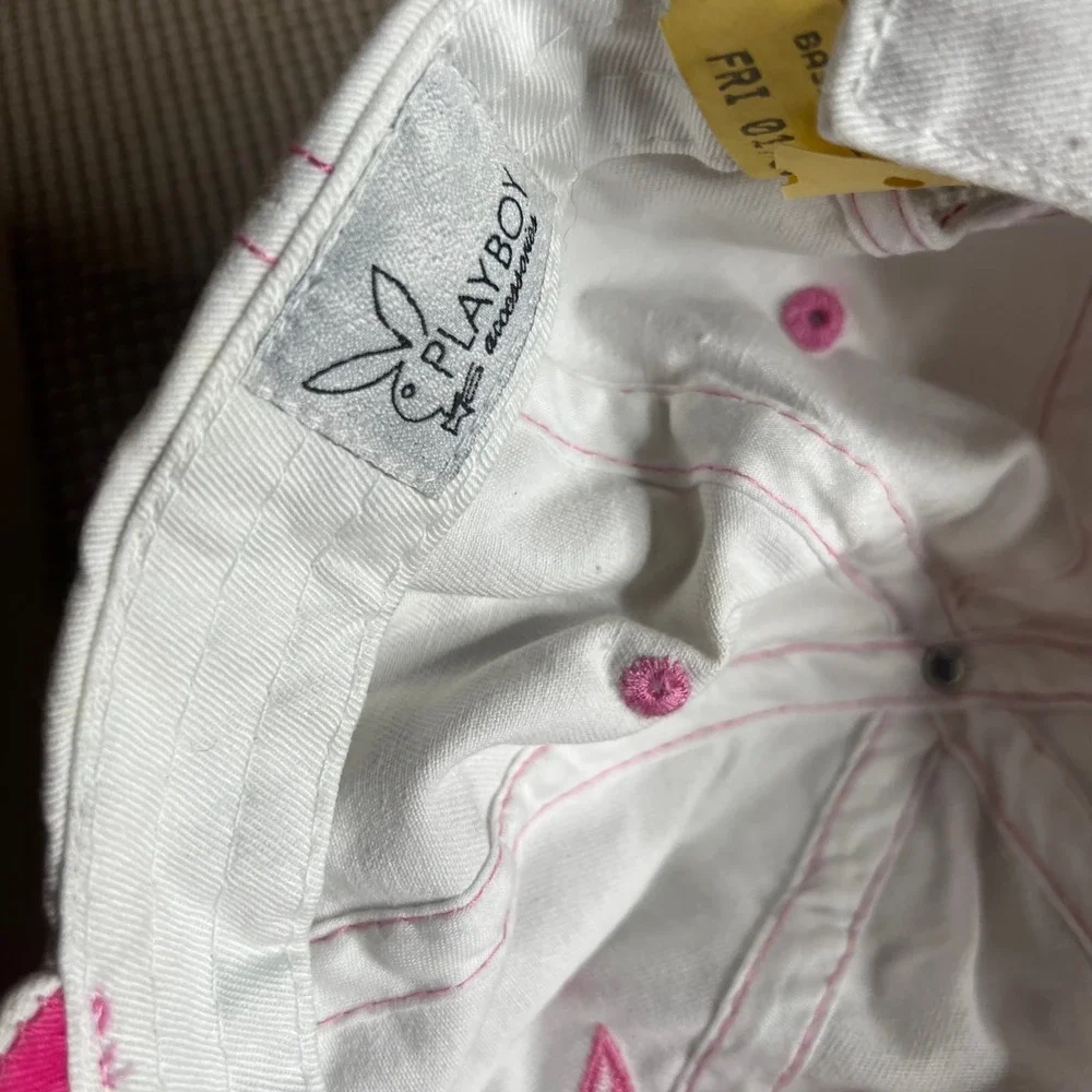 Playboy White Pink Bunny Logo Contrast Stitch Baseball Hat Adjustable Cap